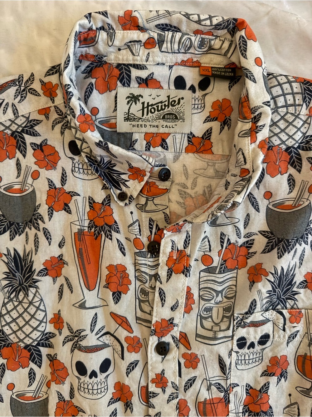 Howler Brothers Orange & Black Floral Skull Tiki Button-Down Shirt